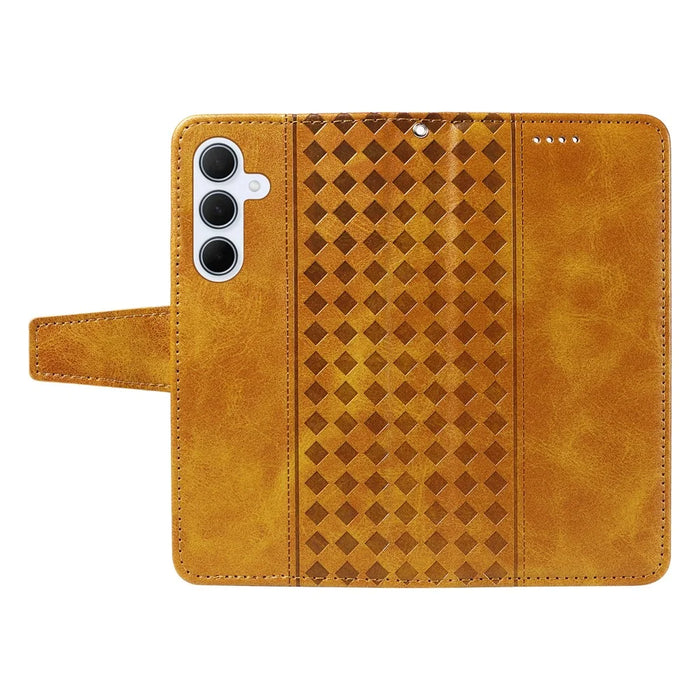 For Samsung Galaxy A55 5G Leather Case Wallet Stand Grids Imprinted Phone Cover with Strap - Yellow - 3