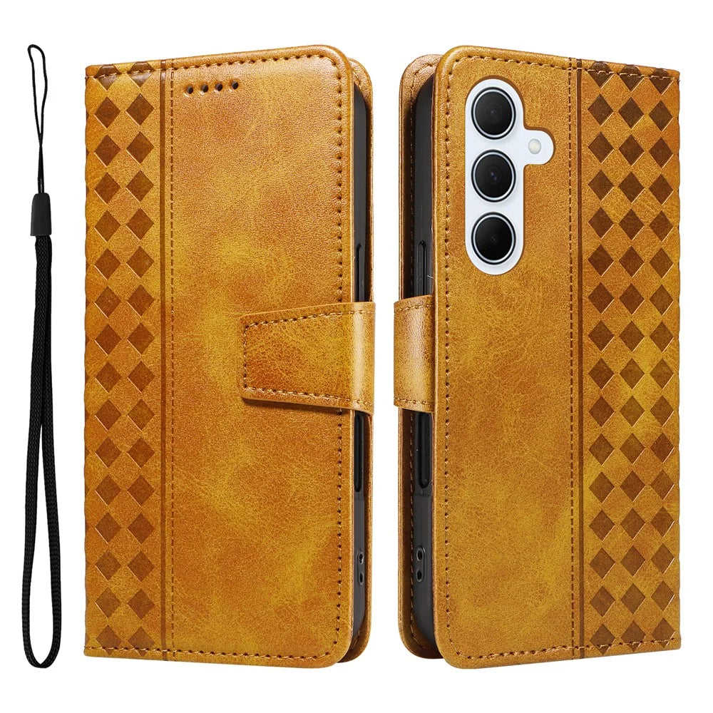 For Samsung Galaxy A35 5G Leather Case Wallet Stand Grids Imprinted Phone Cover with Strap - Yellow - 1