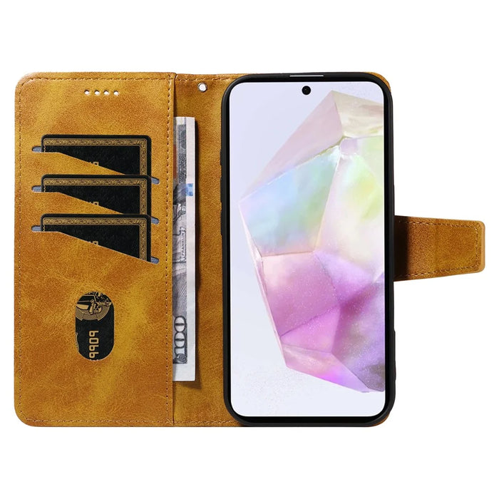 For Samsung Galaxy A35 5G Leather Case Wallet Stand Grids Imprinted Phone Cover with Strap - Yellow - 2