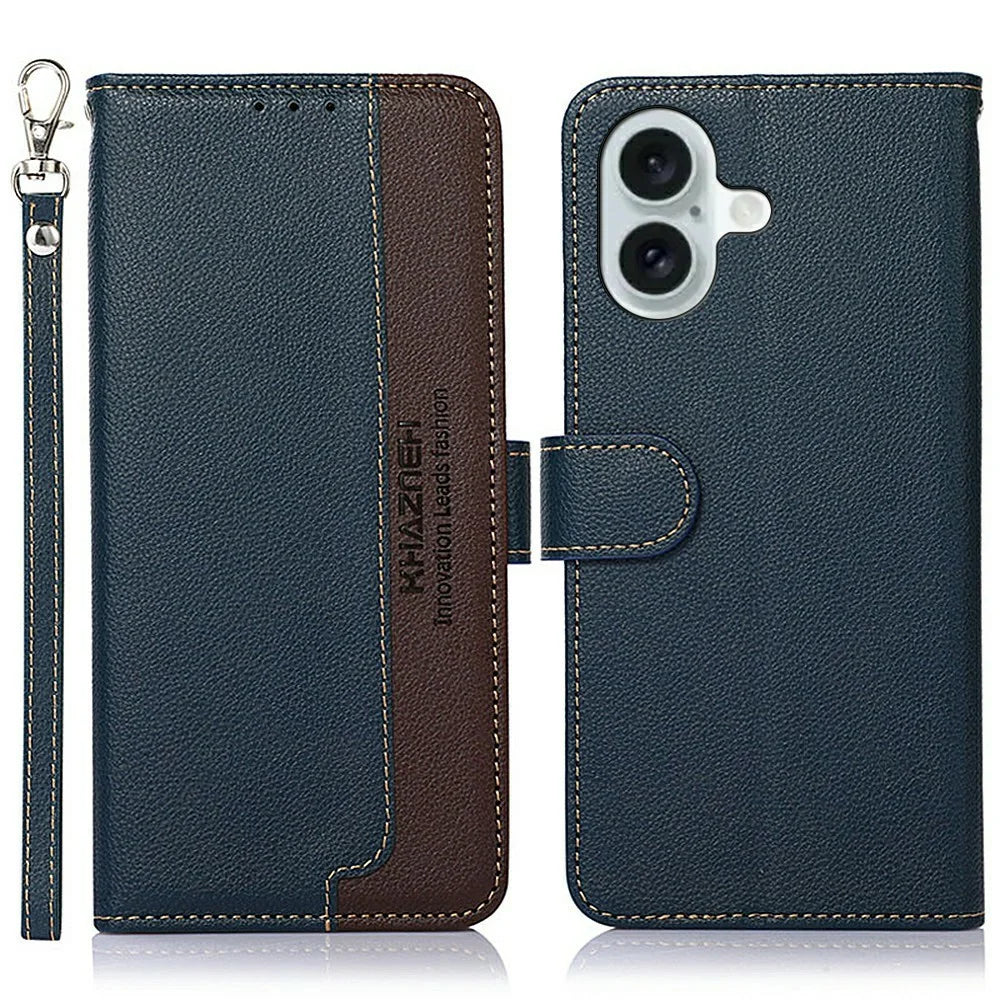 KHAZNEH For iPhone 17 Case RFID Blocking Wallet Litchi Texture PU Leather Phone Cover - Blue - 1