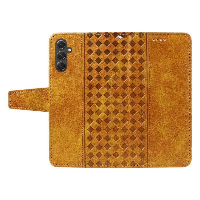 For Samsung Galaxy A54 5G Leather Case Wallet Stand Grids Imprinted Phone Cover with Strap - Yellow - 3