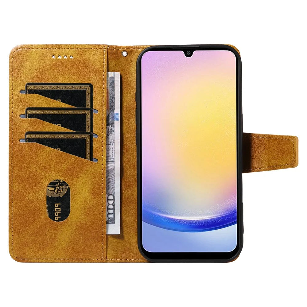 For Samsung Galaxy A25 5G (Global) (161.0 x 76.5 x 8.3mm) Leather Case Wallet Stand Grids Imprinted Phone Cover with Strap - Yellow - 2