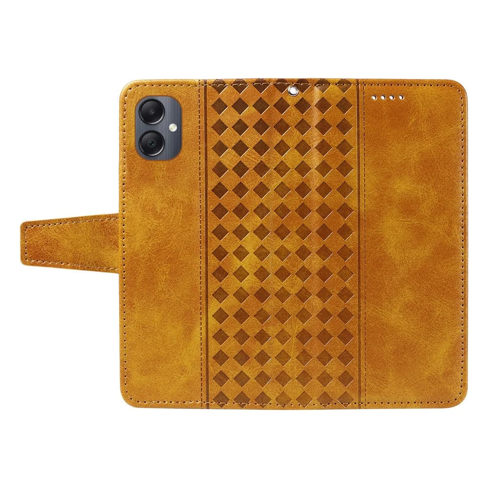 For Samsung Galaxy A08 5G / A08 4G / A07 4G / A06 4G / A06 5G Leather Case Wallet Stand Grids Imprinted Phone Cover with Strap - Yellow - 3