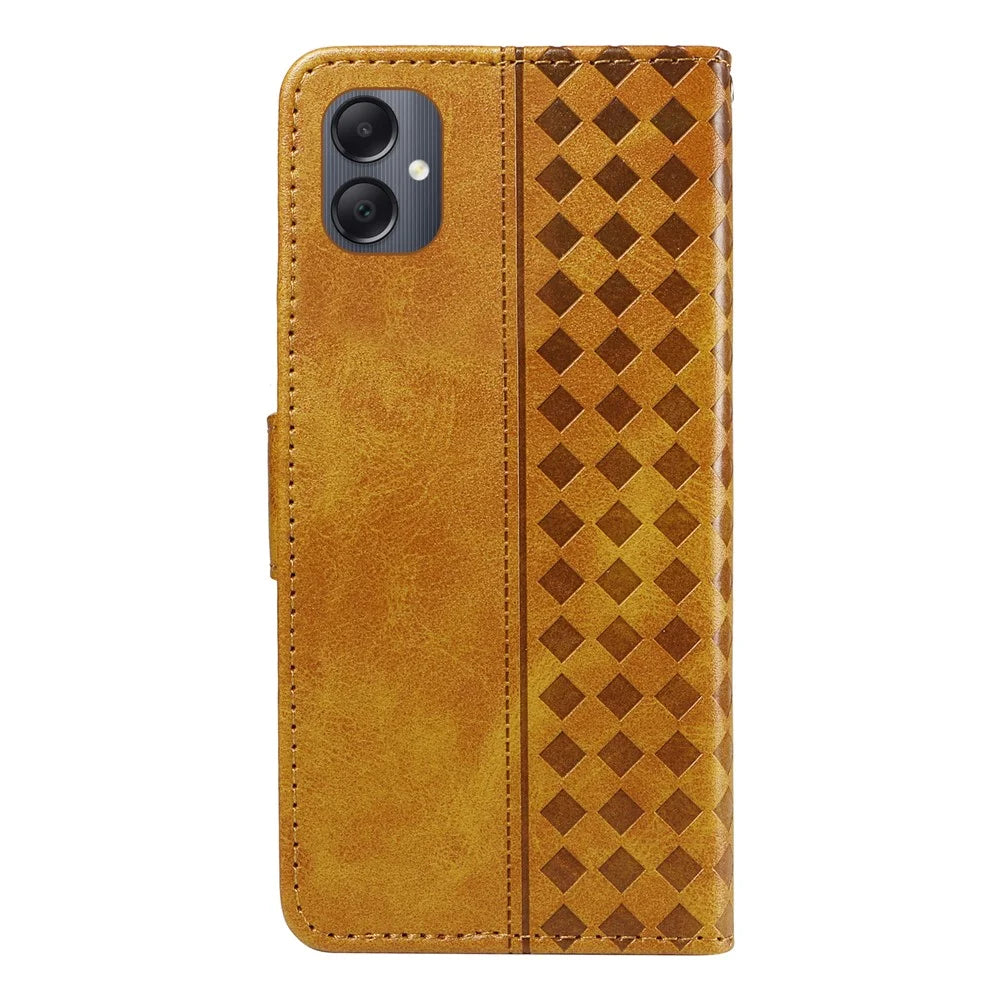 For Samsung Galaxy A08 5G / A08 4G / A07 4G / A06 4G / A06 5G Leather Case Wallet Stand Grids Imprinted Phone Cover with Strap - Yellow - 4