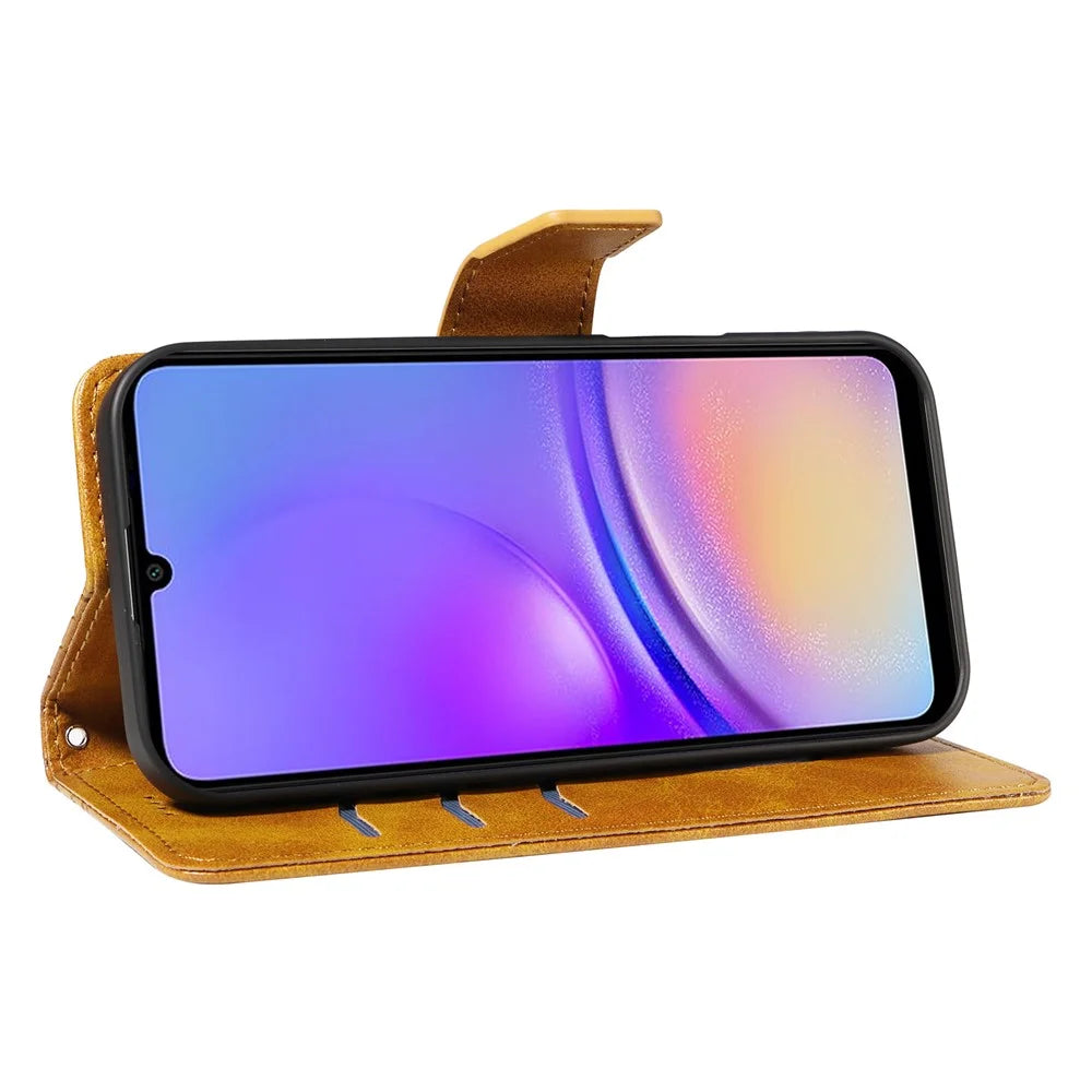 For Samsung Galaxy A08 5G / A08 4G / A07 4G / A06 4G / A06 5G Leather Case Wallet Stand Grids Imprinted Phone Cover with Strap - Yellow - 7