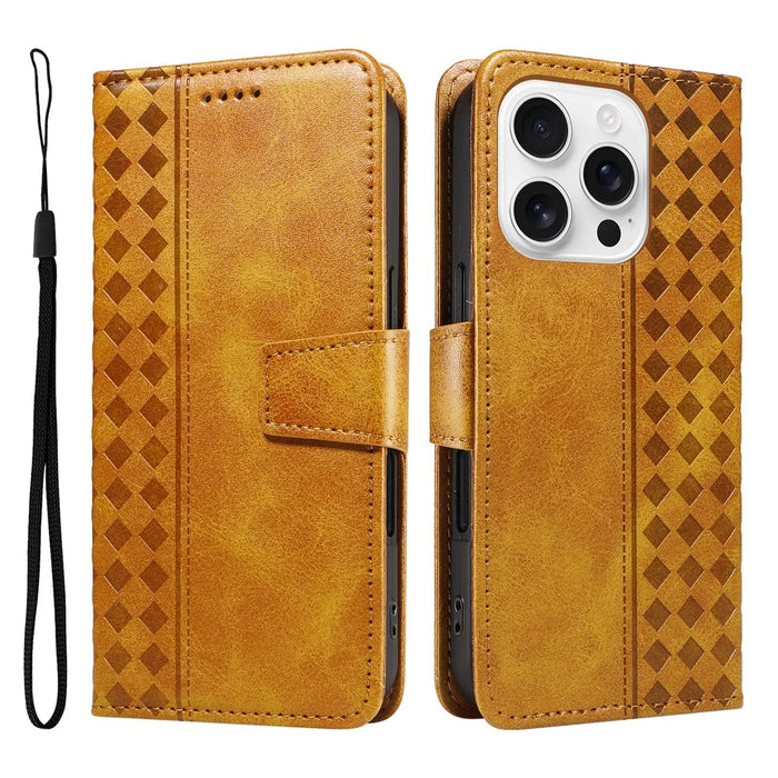 For iPhone 16 Pro Max Leather Case Wallet Stand Grids Imprinted Phone Cover with Strap - Yellow - 1