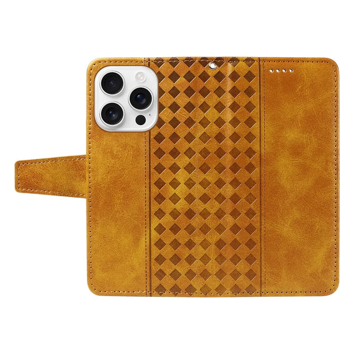 For iPhone 16 Pro Max Leather Case Wallet Stand Grids Imprinted Phone Cover with Strap - Yellow - 3