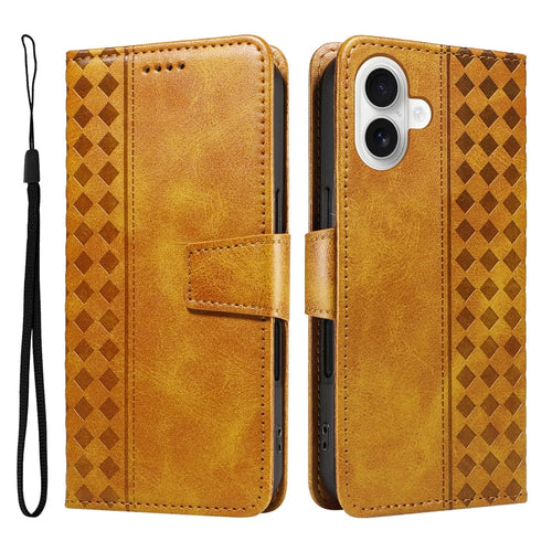 For iPhone 16 Plus Leather Case Wallet Stand Grids Imprinted Phone Cover with Strap - Yellow - 1