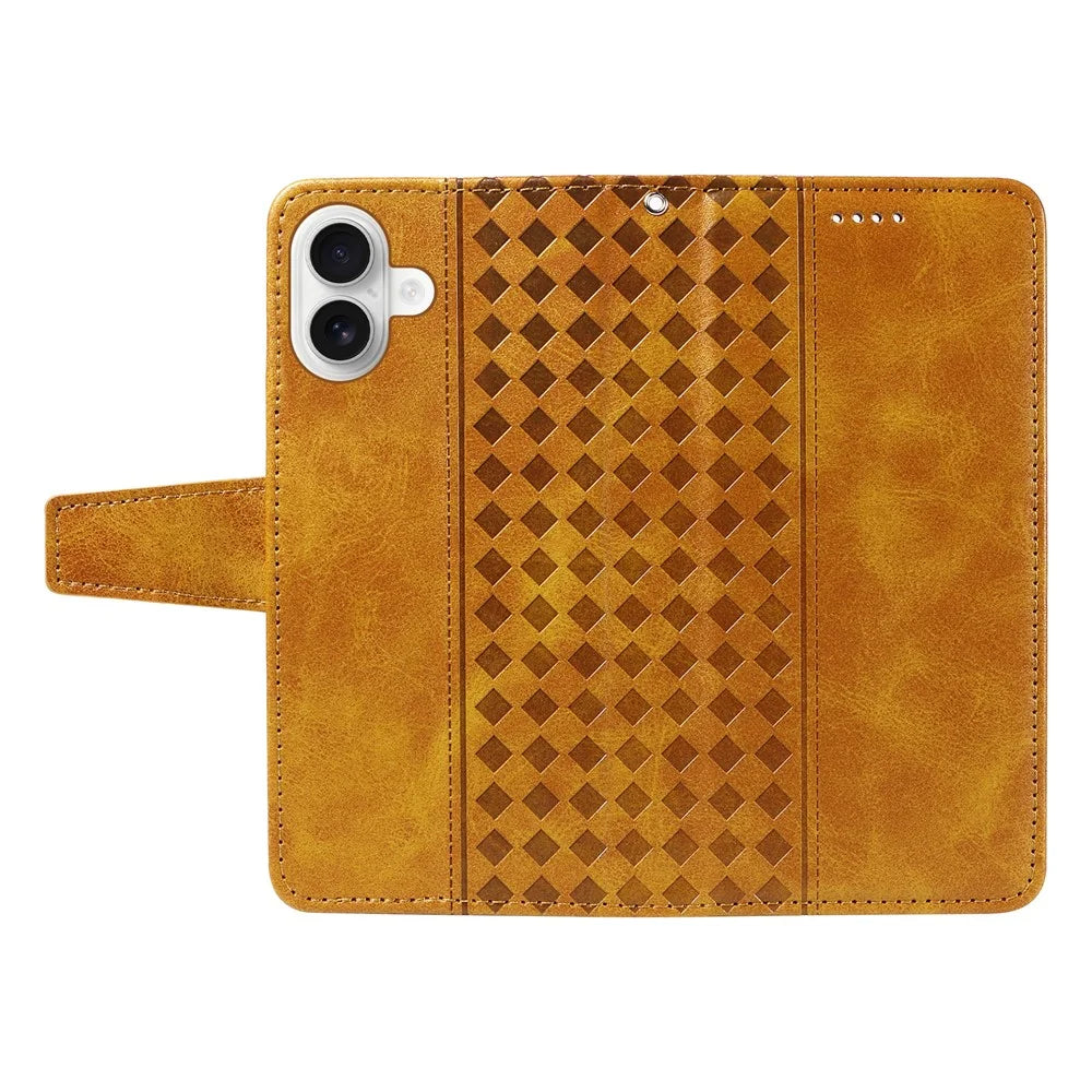 For iPhone 16 Plus Leather Case Wallet Stand Grids Imprinted Phone Cover with Strap - Yellow - 3