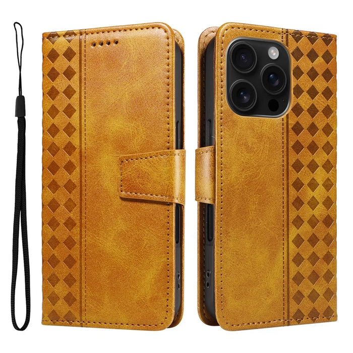 For iPhone 16 Pro Leather Case Wallet Stand Grids Imprinted Phone Cover with Strap - Yellow - 1
