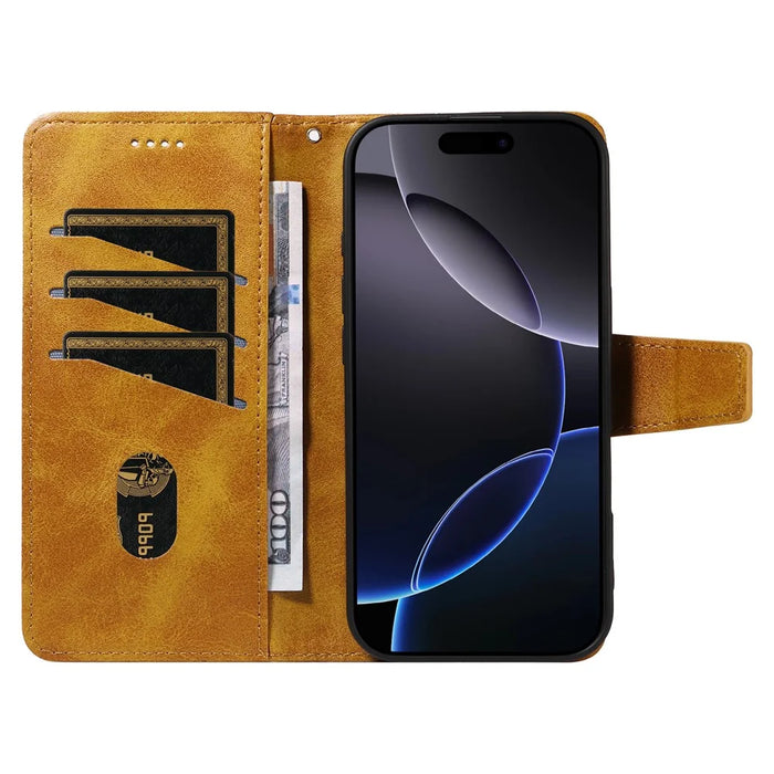 For iPhone 16 Pro Leather Case Wallet Stand Grids Imprinted Phone Cover with Strap - Yellow - 2