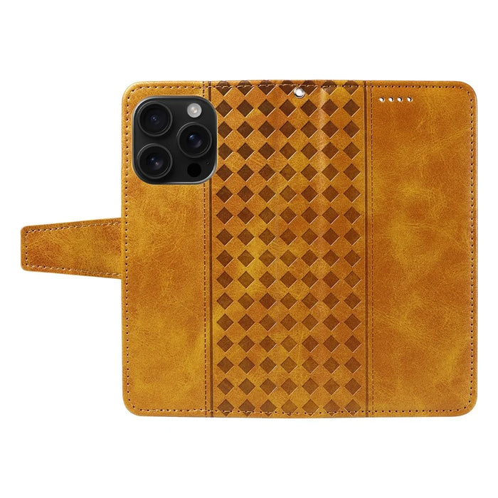 For iPhone 16 Pro Leather Case Wallet Stand Grids Imprinted Phone Cover with Strap - Yellow - 3