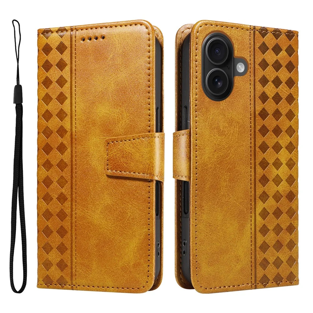 For iPhone 16 Leather Case Wallet Stand Grids Imprinted Phone Cover with Strap - Yellow - 1