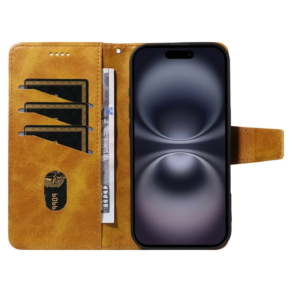 For iPhone 16 Leather Case Wallet Stand Grids Imprinted Phone Cover with Strap - Yellow - 2