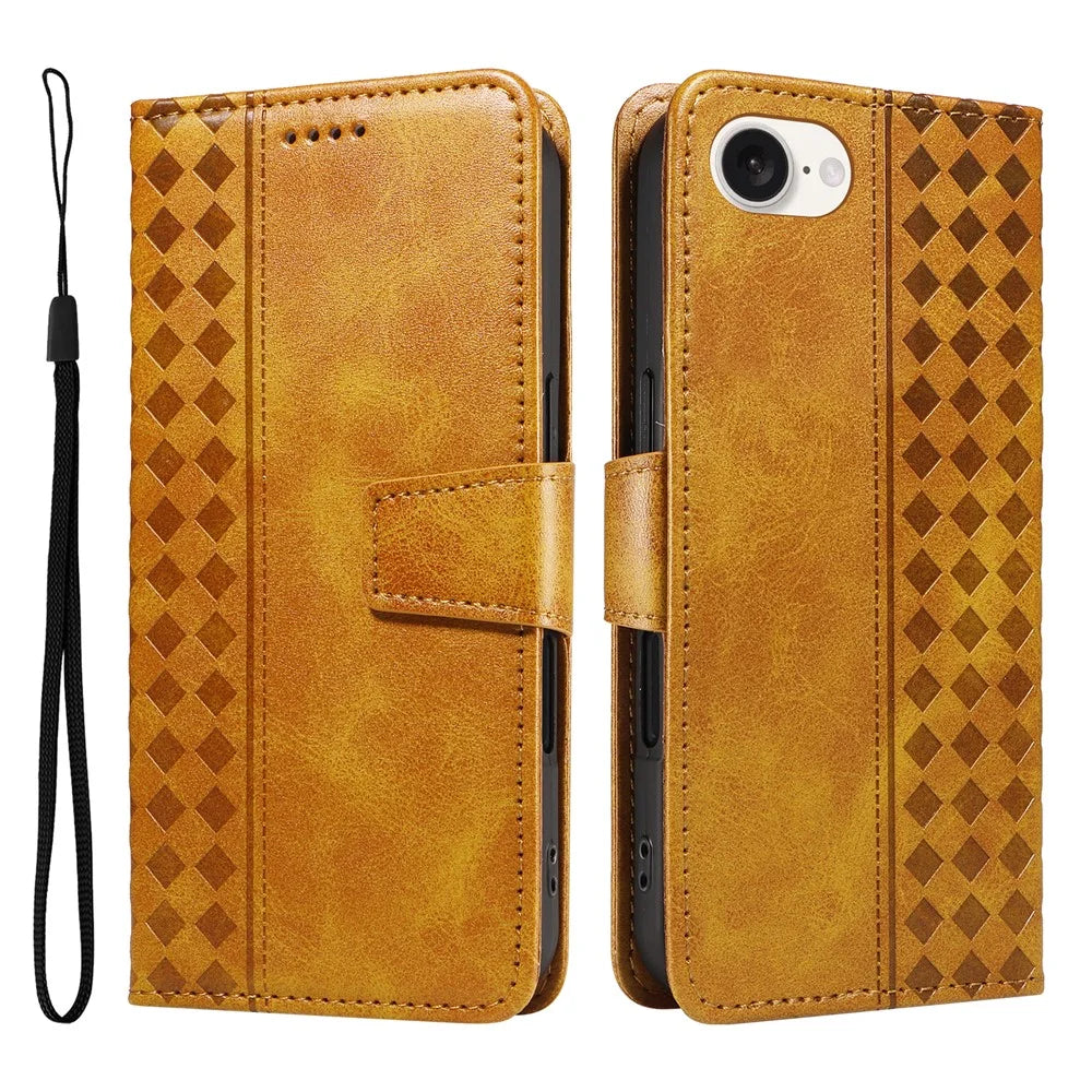 For iPhone 17e / 16e Leather Case Wallet Stand Grids Imprinted Phone Cover with Strap - Yellow - 1