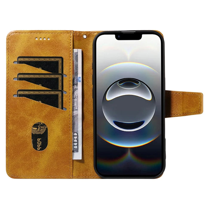 For iPhone 17e / 16e Leather Case Wallet Stand Grids Imprinted Phone Cover with Strap - Yellow - 2