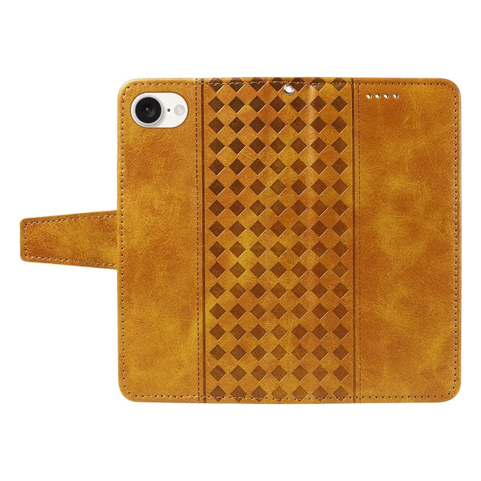 For iPhone 17e / 16e Leather Case Wallet Stand Grids Imprinted Phone Cover with Strap - Yellow - 3