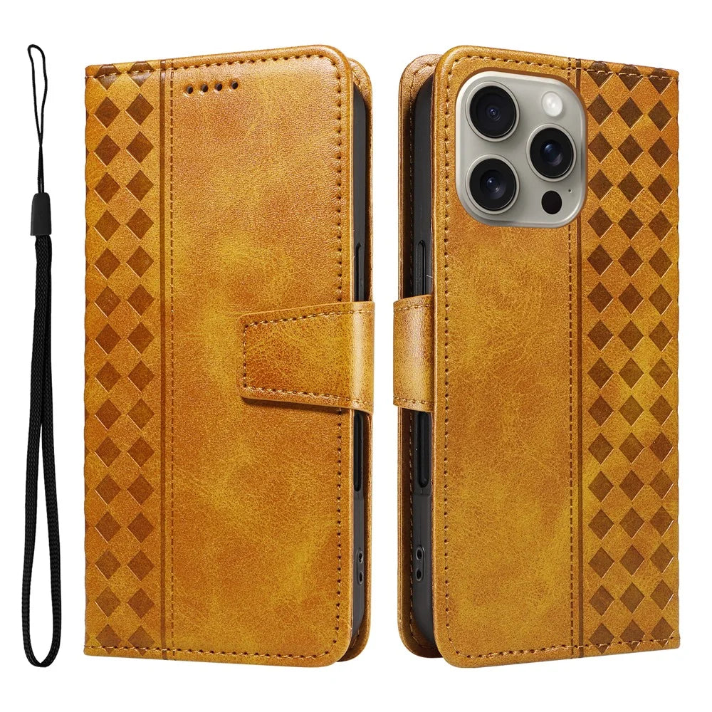For iPhone 15 Pro Max Leather Case Wallet Stand Grids Imprinted Phone Cover with Strap - Yellow - 1