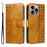 For iPhone 15 Pro Max Leather Case Wallet Stand Grids Imprinted Phone Cover with Strap - Yellow - 1