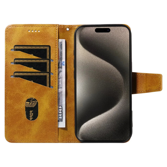 For iPhone 15 Pro Max Leather Case Wallet Stand Grids Imprinted Phone Cover with Strap - Yellow - 2