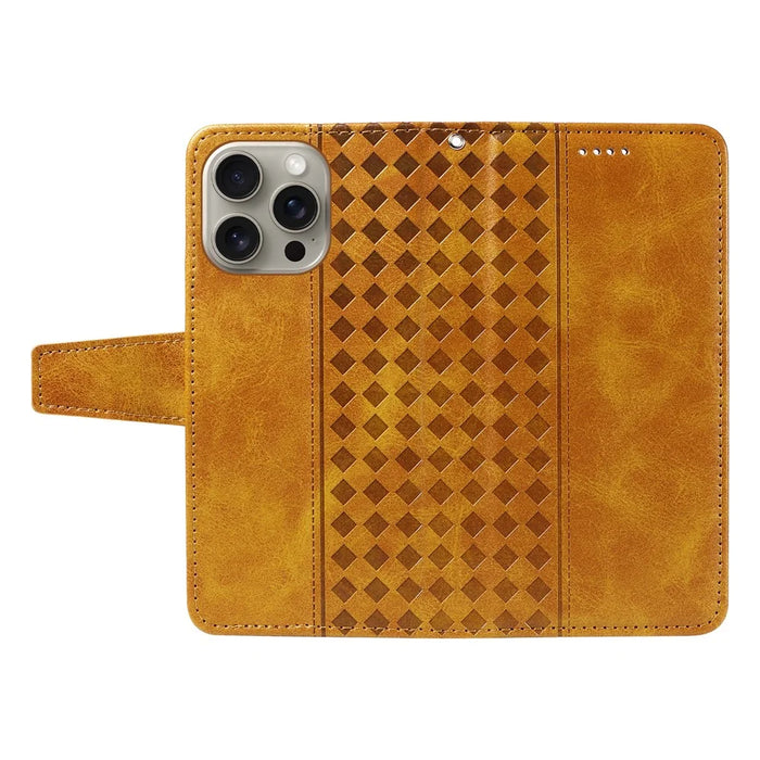 For iPhone 15 Pro Max Leather Case Wallet Stand Grids Imprinted Phone Cover with Strap - Yellow - 3