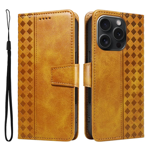 For iPhone 15 Pro Leather Case Wallet Stand Grids Imprinted Phone Cover with Strap - Yellow - 1