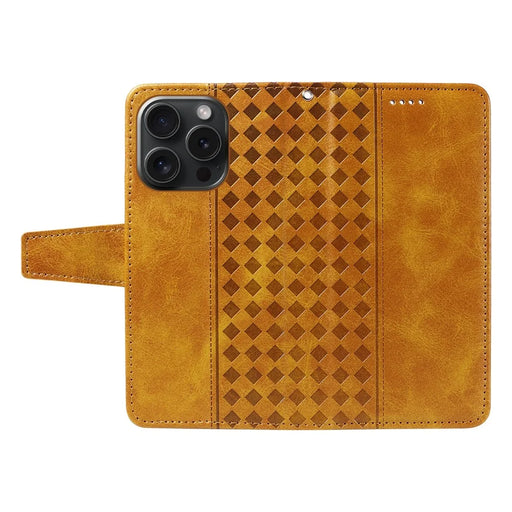 For iPhone 15 Pro Leather Case Wallet Stand Grids Imprinted Phone Cover with Strap - Yellow - 2