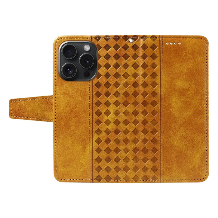 For iPhone 15 Pro Leather Case Wallet Stand Grids Imprinted Phone Cover with Strap - Yellow - 2