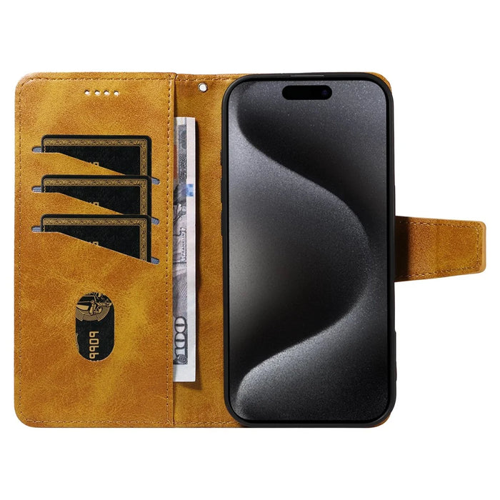 For iPhone 15 Pro Leather Case Wallet Stand Grids Imprinted Phone Cover with Strap - Yellow - 3