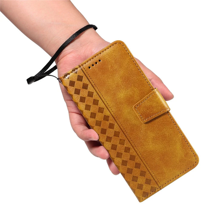 For iPhone 15 Pro Leather Case Wallet Stand Grids Imprinted Phone Cover with Strap - Yellow - 6