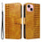 For iPhone 15 Leather Case Wallet Stand Grids Imprinted Phone Cover with Strap - Yellow - 1