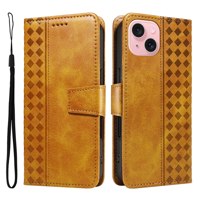 For iPhone 15 Leather Case Wallet Stand Grids Imprinted Phone Cover with Strap - Yellow - 1