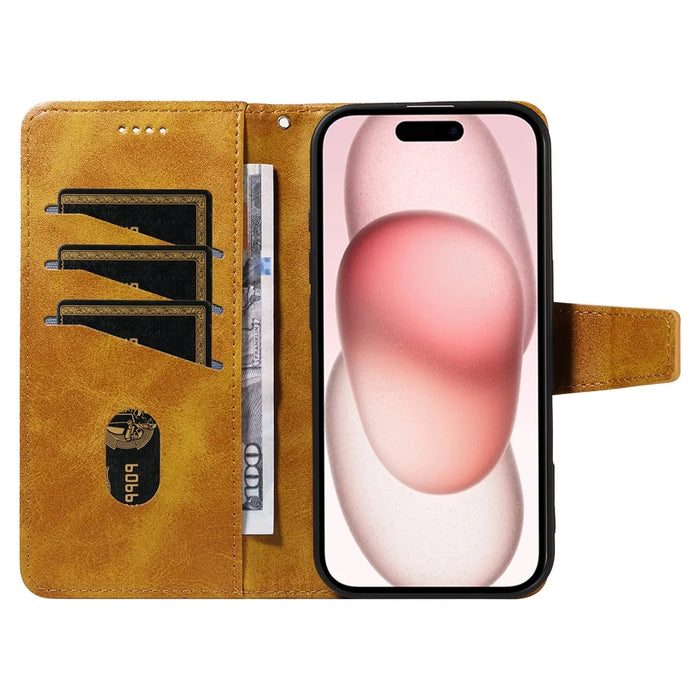 For iPhone 15 Leather Case Wallet Stand Grids Imprinted Phone Cover with Strap - Yellow - 2