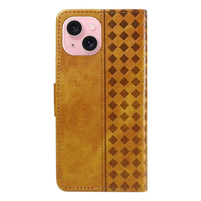 For iPhone 15 Leather Case Wallet Stand Grids Imprinted Phone Cover with Strap - Yellow - 7