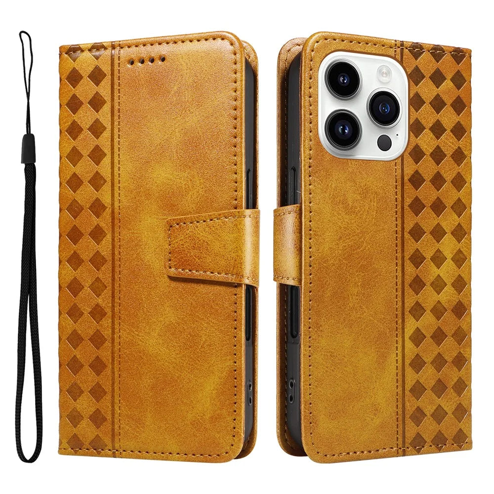 For iPhone 14 Pro Max Leather Case Wallet Stand Grids Imprinted Phone Cover with Strap - Yellow - 1