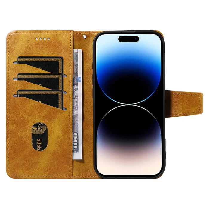 For iPhone 14 Pro Max Leather Case Wallet Stand Grids Imprinted Phone Cover with Strap - Yellow - 2