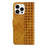 For iPhone 14 Pro Max Leather Case Wallet Stand Grids Imprinted Phone Cover with Strap - Yellow - 7