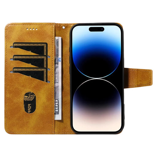 For iPhone 14 Pro Leather Case Wallet Stand Grids Imprinted Phone Cover with Strap - Yellow - 2