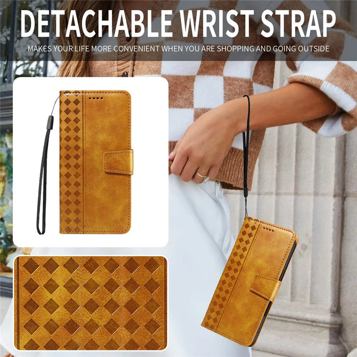 For iPhone 14 Pro Leather Case Wallet Stand Grids Imprinted Phone Cover with Strap - Yellow - 3