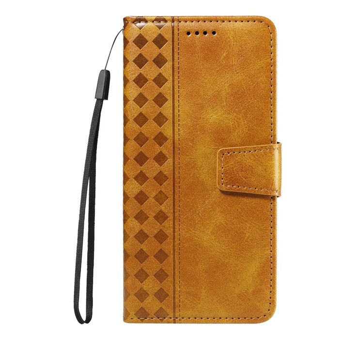 For iPhone 14 Pro Leather Case Wallet Stand Grids Imprinted Phone Cover with Strap - Yellow - 5
