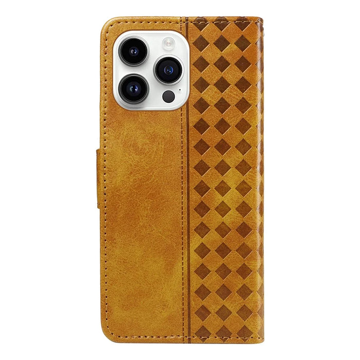 For iPhone 14 Pro Leather Case Wallet Stand Grids Imprinted Phone Cover with Strap - Yellow - 6