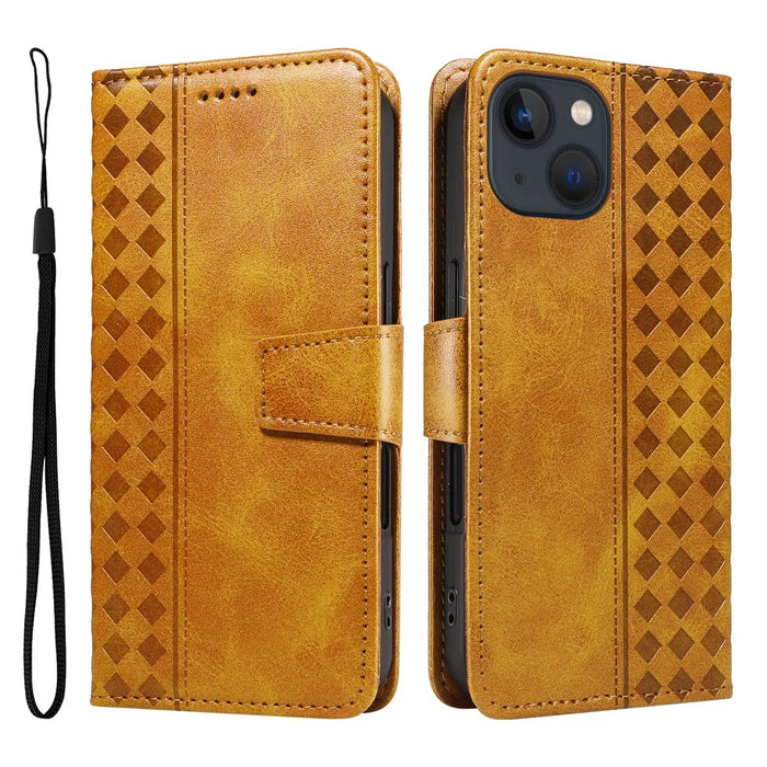 For iPhone 14 Leather Case Wallet Stand Grids Imprinted Phone Cover with Strap - Yellow - 1