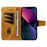 For iPhone 14 Leather Case Wallet Stand Grids Imprinted Phone Cover with Strap - Yellow - 2