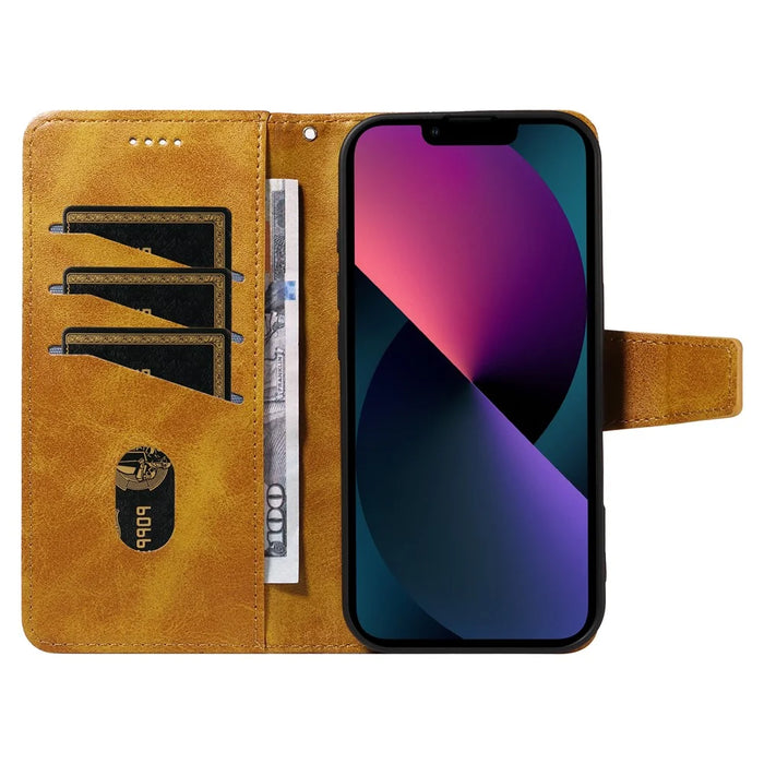 For iPhone 14 Leather Case Wallet Stand Grids Imprinted Phone Cover with Strap - Yellow - 2