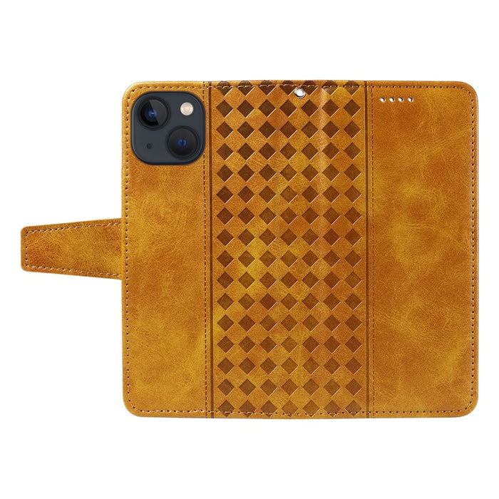 For iPhone 14 Leather Case Wallet Stand Grids Imprinted Phone Cover with Strap - Yellow - 3