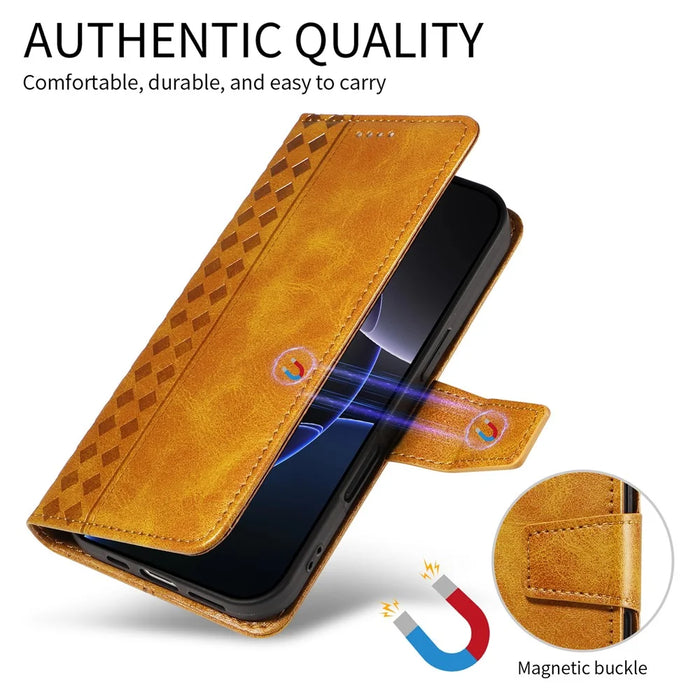 For iPhone 14 Leather Case Wallet Stand Grids Imprinted Phone Cover with Strap - Yellow - 4