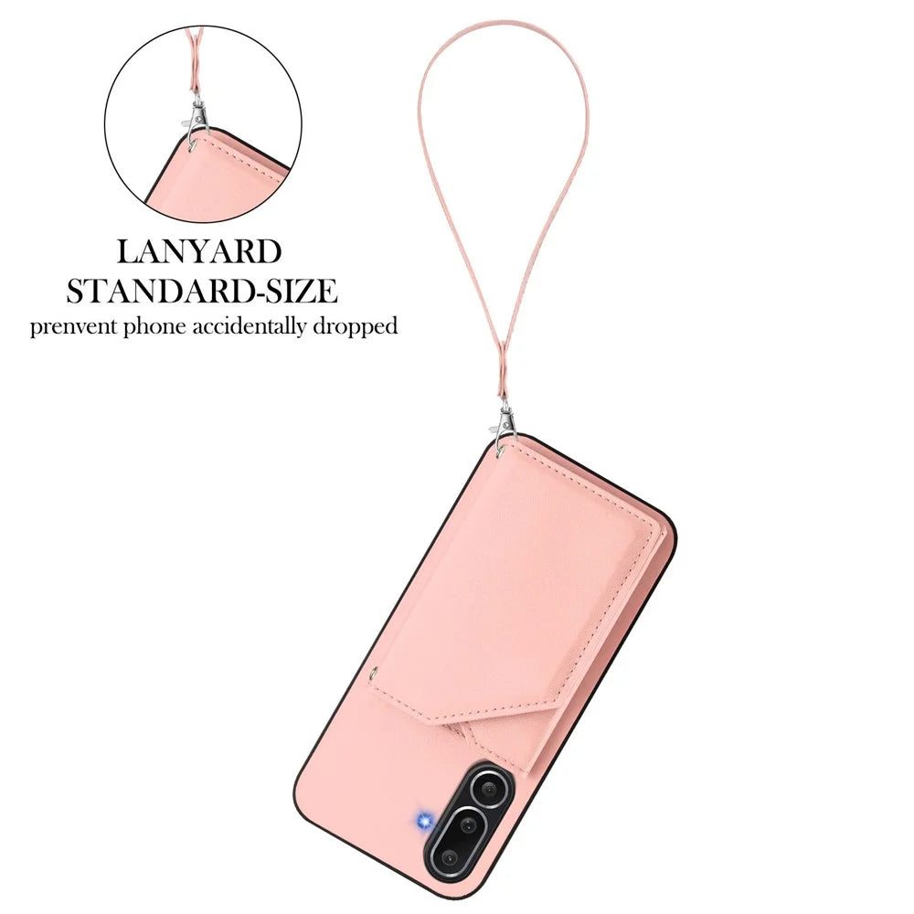 For Samsung Galaxy M56 5G Case Card Holder Kickstand Skin-Touch Phone Cover with Wrist Strap - Pink - 3