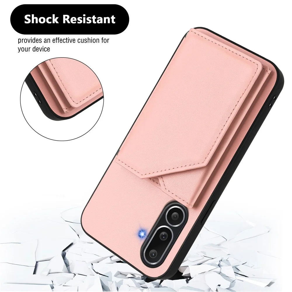For Samsung Galaxy M56 5G Case Card Holder Kickstand Skin-Touch Phone Cover with Wrist Strap - Pink - 5