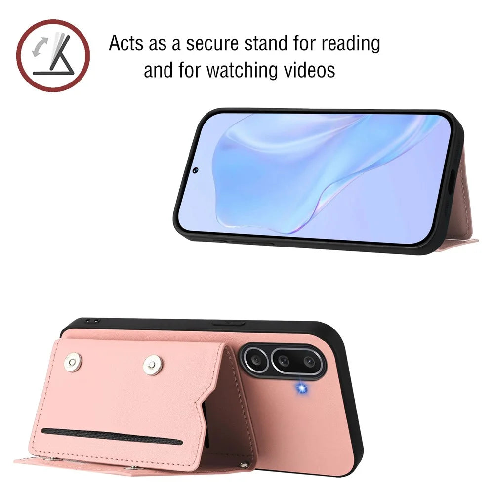 For Samsung Galaxy M56 5G Case Card Holder Kickstand Skin-Touch Phone Cover with Wrist Strap - Pink - 6