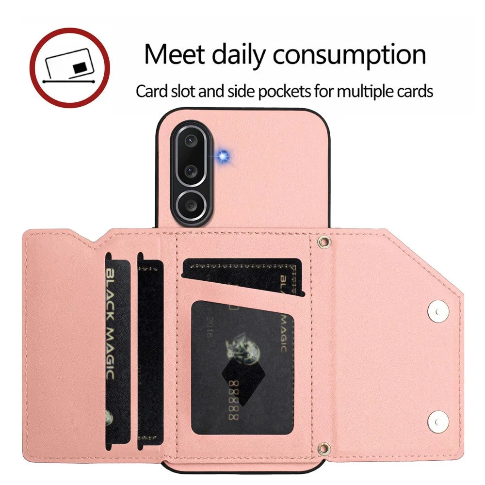 For Samsung Galaxy M56 5G Case Card Holder Kickstand Skin-Touch Phone Cover with Wrist Strap - Pink - 7
